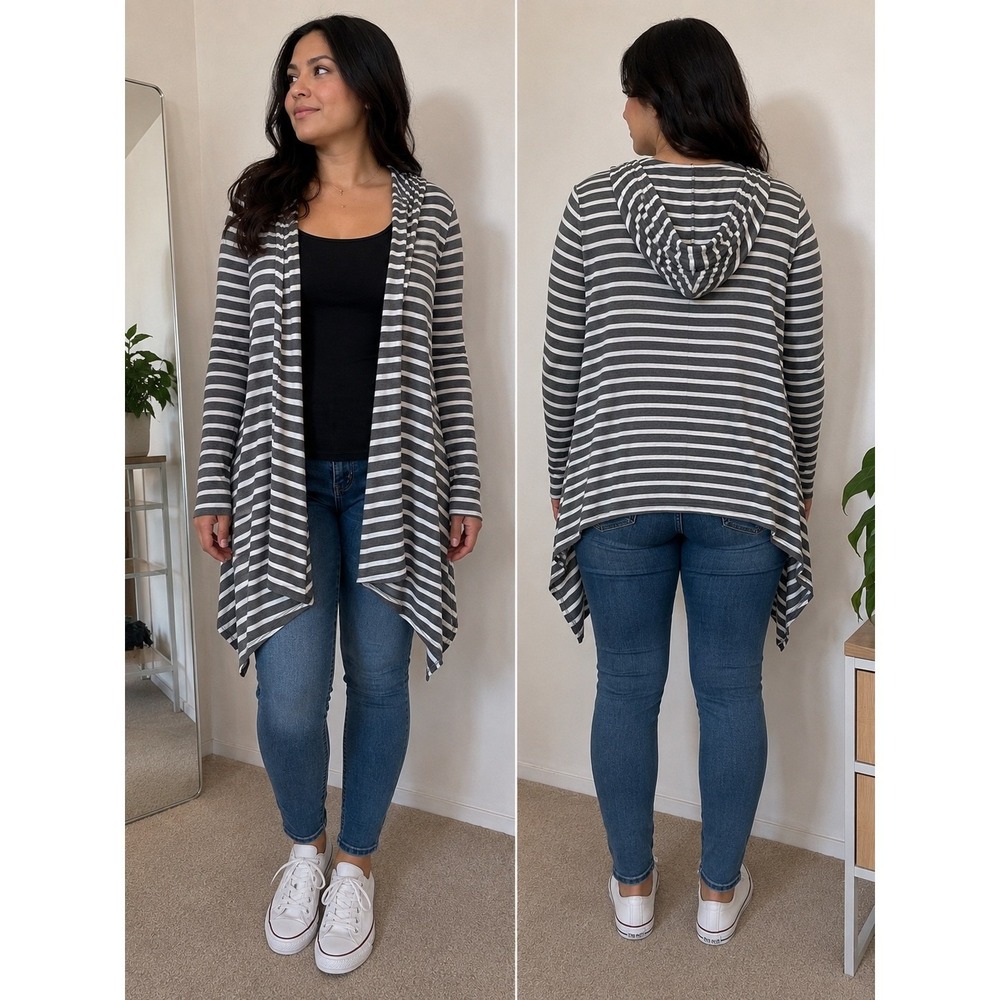 Indigo Women's Plus 1X Gray White Striped Hooded Open Front Cardigan Long Sleeve